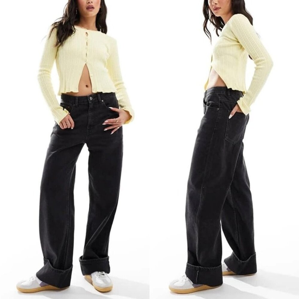 ASOS Pull&Bear Wide-Leg Turn Up Jeans in Black (Size 12/Large)